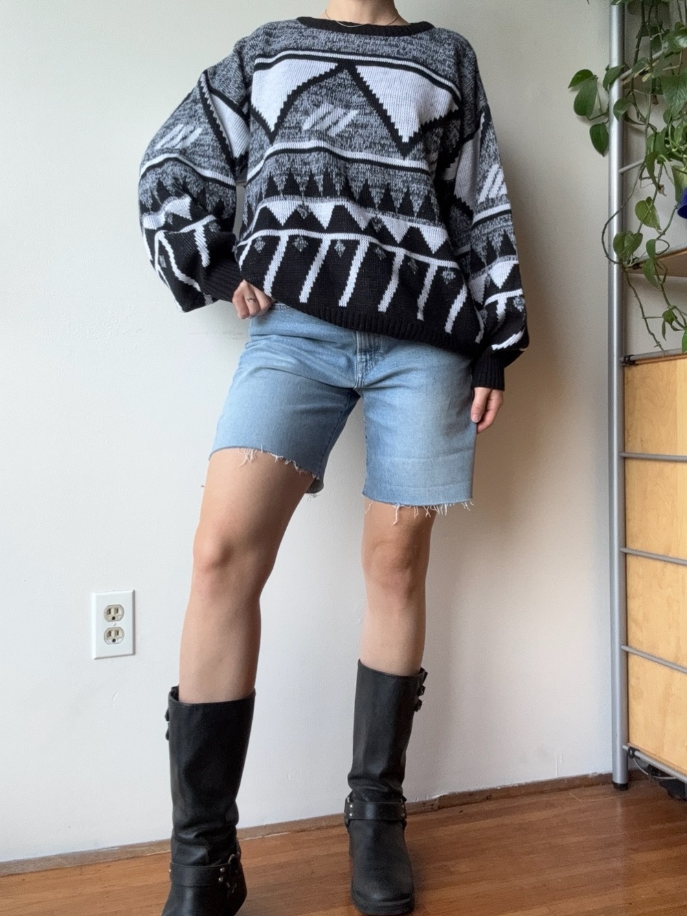 Vintage Black & White Geometric Pattern Oversized Sweater